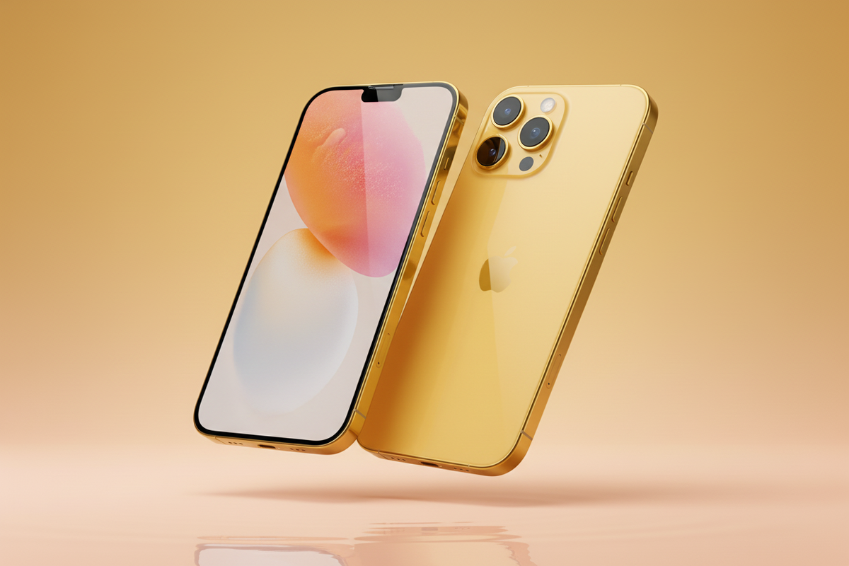 iPhone 15 face et dos fond doré